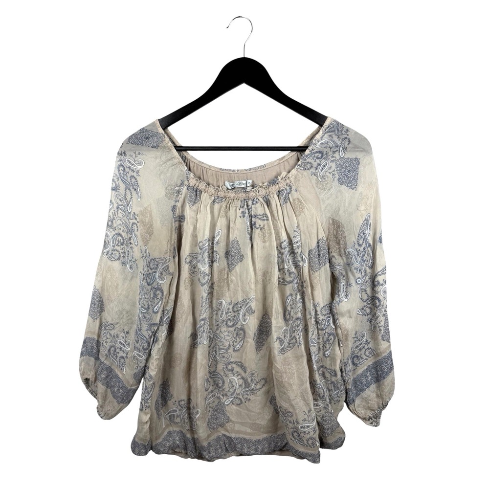 Elena Baldi Made in Italy Silk Paisley Boho Bubble Hem Blouse Blue Beige Sz S